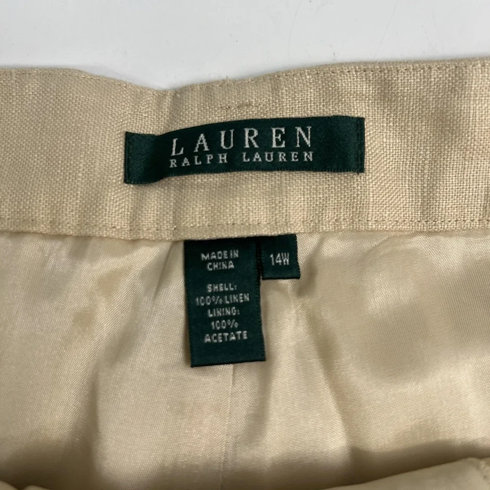 Lauren Ralph Lauren Pants Womens 14 W Beige Linen Pleated Lined Dress Pants